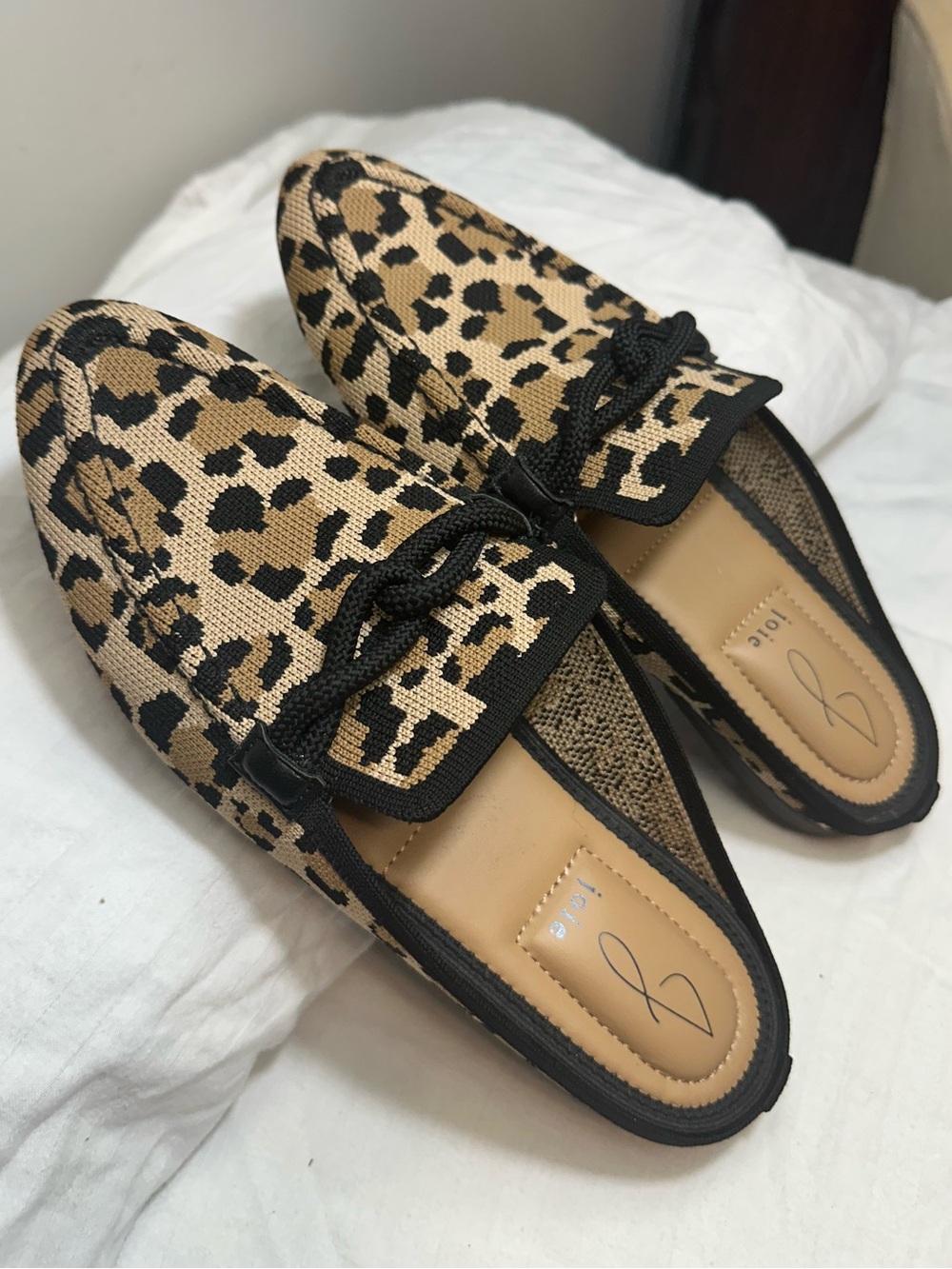 New Joie leopard print mules women 8 slip on shoes black tan brown knit comfort